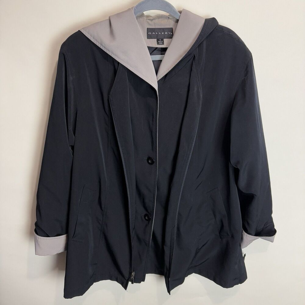 Gallery Women's Hooded Two Tone Raincoat Sz Small Removable Lining Black Beige